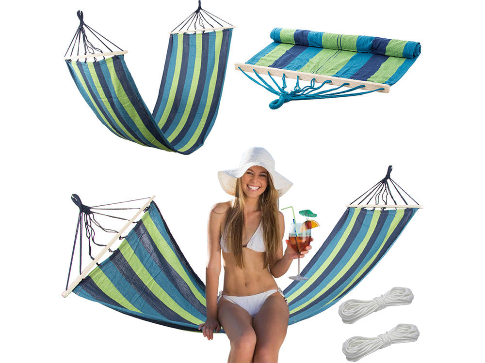 Hängematte 2 Personen 200 x 80 cm bunt mit Holzrahmen und Befestigungsschnüren