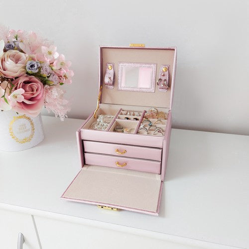 Schmuckkästchen Rosa mit Schloss 20 Fächer 2 Schubladen Spiegel abschließbar