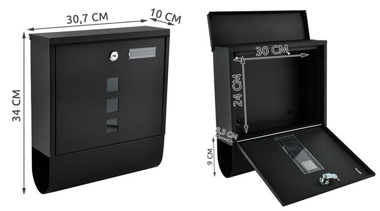 Briefkasten schwarz A4 mit Zeitungsfach verzinktes Eisen außen Wandmontage Set