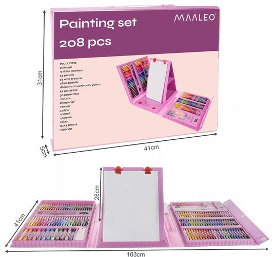 Malset Kinderkoffer 208-teilig rosa Buntstifte Marker Wachsmalstifte Set