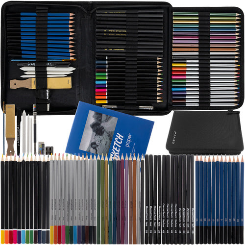 Zeichenkoffer 74-teilig Skizzier Set Buntstifte Bleistifte Kohle Schwarz Etui