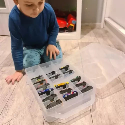 Auto-Koffer für 46 Spielzeugautos doppelseitig 46 Fächer Kunststoffbox PP klar