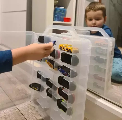 Auto-Koffer für 46 Spielzeugautos doppelseitig 46 Fächer Kunststoffbox PP klar