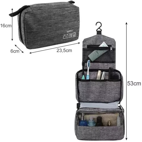 Kosmetiktasche Herren hängend mit Haken wasserdicht 3 Fächer grau Nylon Reise