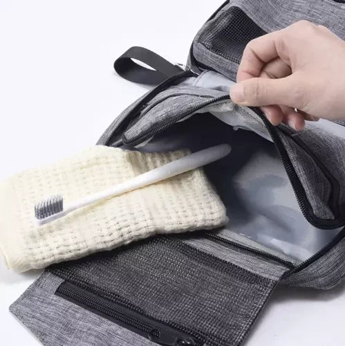 Kosmetiktasche Herren hängend mit Haken wasserdicht 3 Fächer grau Nylon Reise