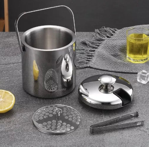 Doppelwandiger Eiskübel für Eiswürfel 1,3 Liter mit Deckel Zange Sieb Löffel Flaschenkühler-Set für Getränke Edehlstahl 21159