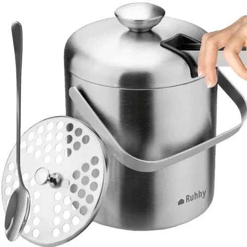 Doppelwandiger Eiskübel für Eiswürfel 1,3 Liter mit Deckel Zange Sieb Löffel Flaschenkühler-Set für Getränke Edehlstahl 21159
