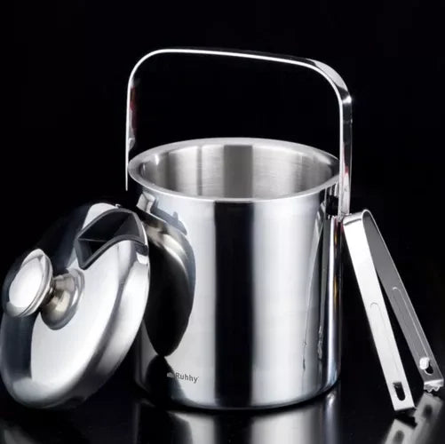 Doppelwandiger Eiskübel für Eiswürfel 1,3 Liter mit Deckel Zange Sieb Löffel Flaschenkühler-Set für Getränke Edehlstahl 21159