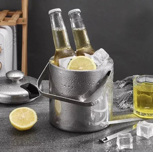Doppelwandiger Eiskübel für Eiswürfel 1,3 Liter mit Deckel Zange Sieb Löffel Flaschenkühler-Set für Getränke Edehlstahl 21159