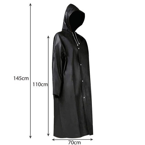 Regenmantel mit Kaputze Kordelzug Druckknöpfe Wasserdicht Lang Schwarz für Damen und Herren Einheitsgöße 21840