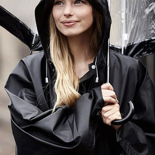 Regenmantel mit Kaputze Kordelzug Druckknöpfe Wasserdicht Lang Schwarz für Damen und Herren Einheitsgöße 21840
