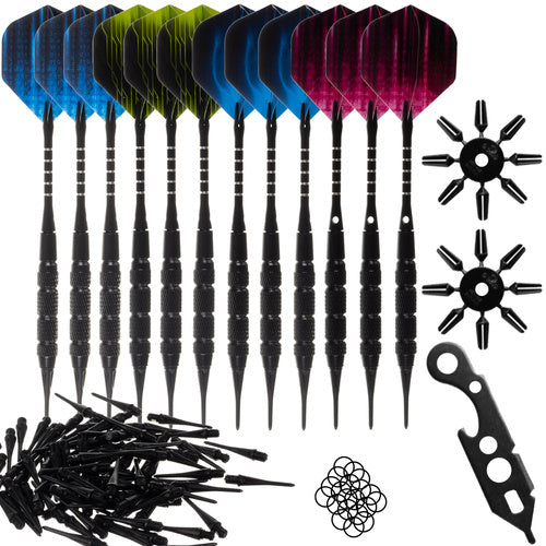 Darts Set 12 Stück Softdart Pfeile 100 Spitzen Flight Protectors O-Ringe Tool