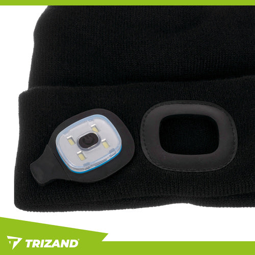 Beanie Mütze mit LED Stirnlampe USB aufladbar 4 LED Wintermütze Schwarz Uni