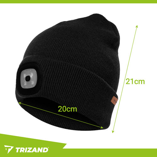 Beanie Mütze mit LED Stirnlampe USB aufladbar 4 LED Wintermütze Schwarz Uni