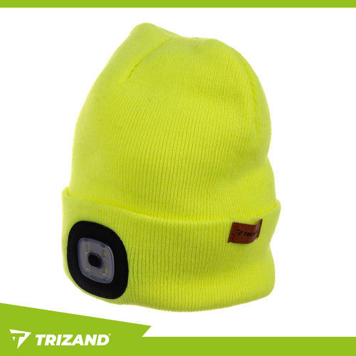 Beanie Mütze Stirnlampe USB aufladbar 4 LED Wintermütze Unisex Acryl neongelb