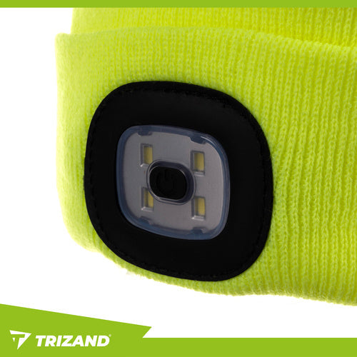 Beanie Mütze Stirnlampe USB aufladbar 4 LED Wintermütze Unisex Acryl neongelb