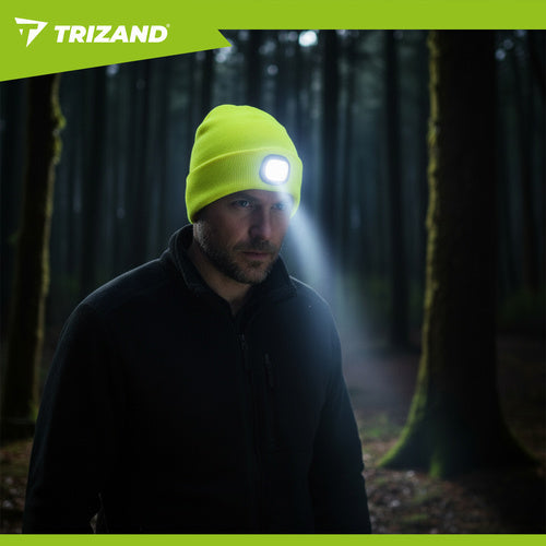 Beanie Mütze Stirnlampe USB aufladbar 4 LED Wintermütze Unisex Acryl neongelb