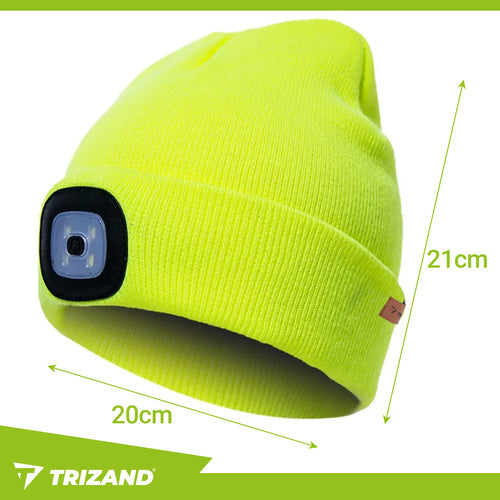Beanie Mütze Stirnlampe USB aufladbar 4 LED Wintermütze Unisex Acryl neongelb