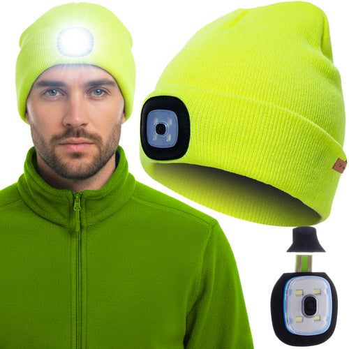 Beanie Mütze Stirnlampe USB aufladbar 4 LED Wintermütze Unisex Acryl neongelb
