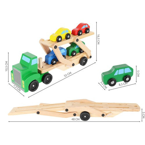 Autotransporter aus Holz mit 4 Autos faltbarem Anhänger Set für Kinder Spielzeug
