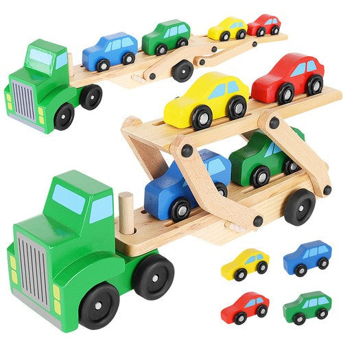Autotransporter aus Holz mit 4 Autos faltbarem Anhänger Set für Kinder Spielzeug