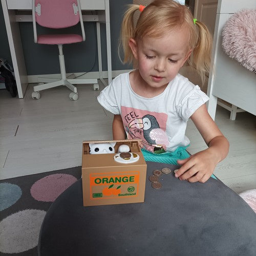 Spardose Katze interaktiv batteriebetrieben Münzdiebstahl 2x AA Kunststoff ABS
