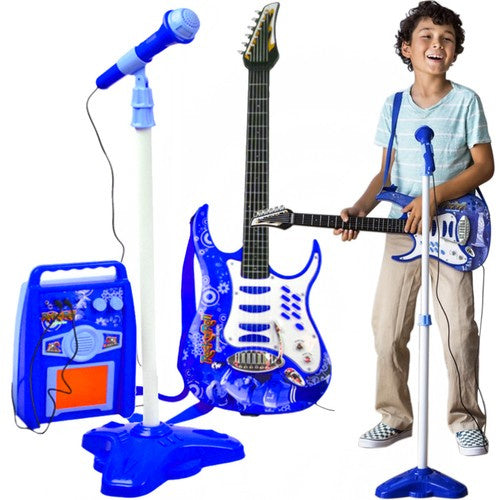 Kinder E-Gitarre Set mit Mikrofon Verstärker MP3 Licht Blau batteriebetrieben