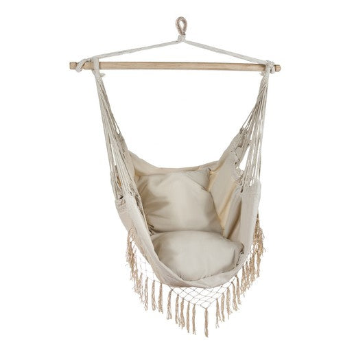 Hängesessel Beige Brasilianisch mit 2 Kissen Holz-Querstange Baumwolle Polyester