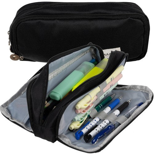 Federmäppchen schwarz 3 Fächer Oxford Stoff Stifteetui groß Schule Organizer