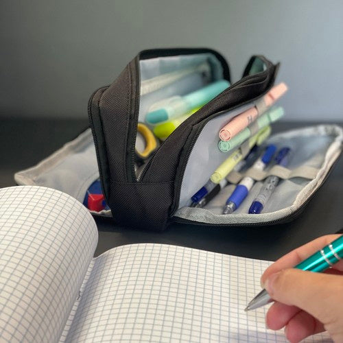 Federmäppchen schwarz 3 Fächer Oxford Stoff Stifteetui groß Schule Organizer