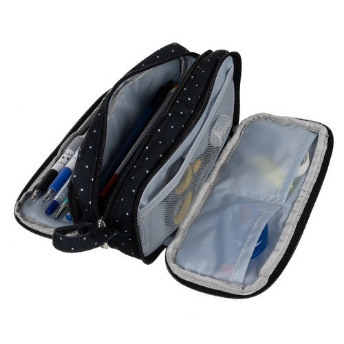 Federmäppchen Schwarz mit weißen Punkten 3 Fächer Griff Schule Büro Kinder 24 cm