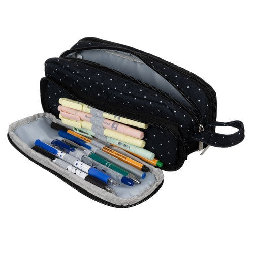 Federmäppchen Schwarz mit weißen Punkten 3 Fächer Griff Schule Büro Kinder 24 cm