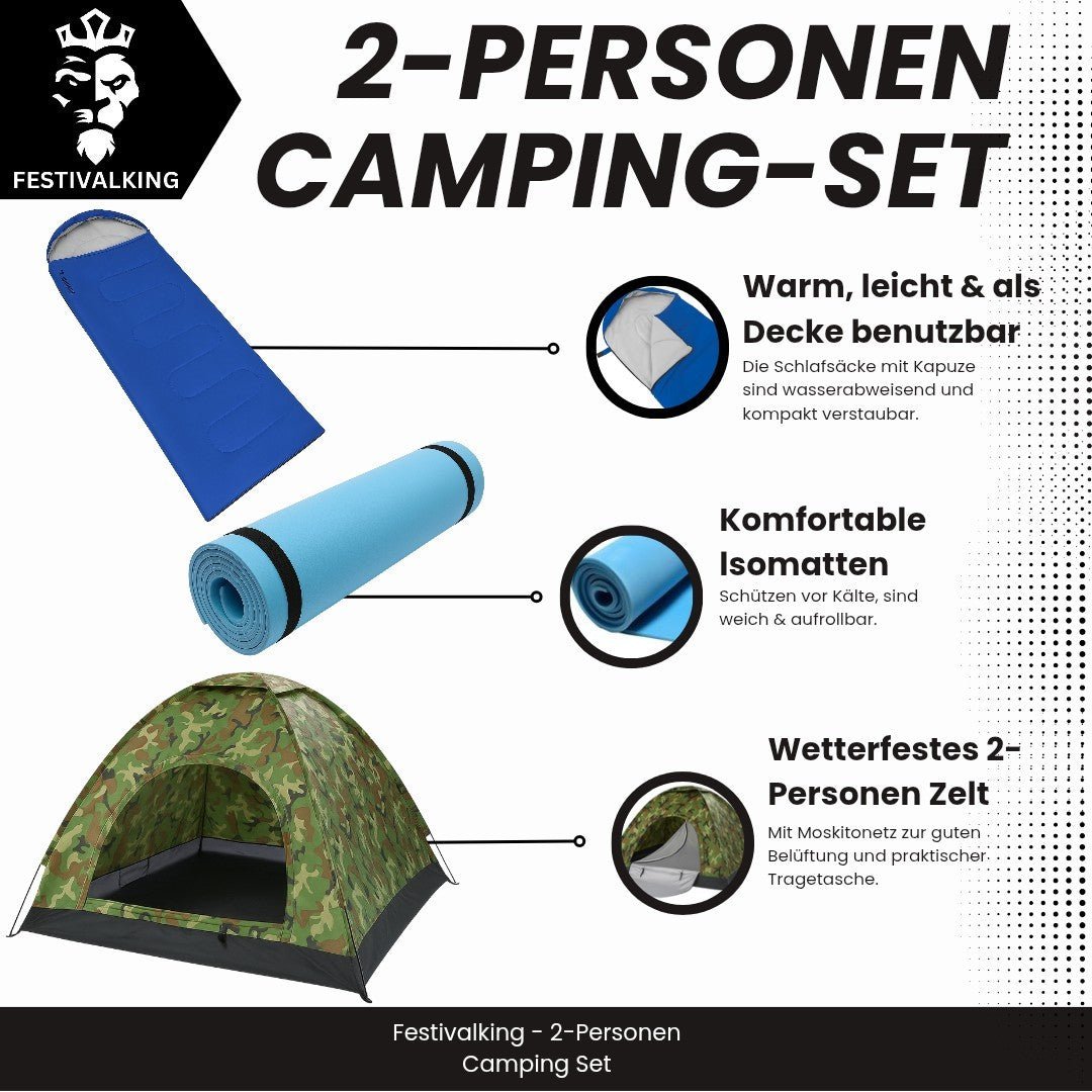 2 Personen Camping Zelt Set Festival Zelt mit je 2 Isomatten, Schlafsäcken, uvm. - Easy2sell - Deluxe