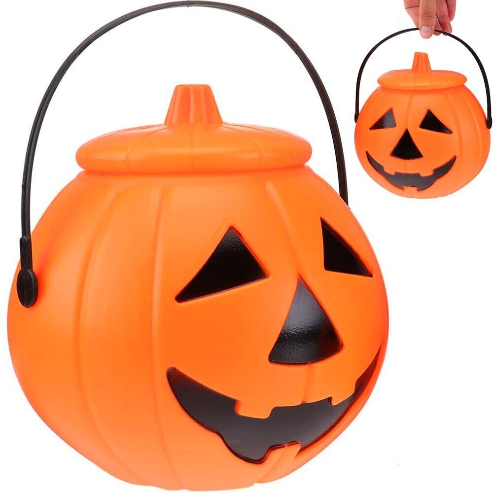 2x Halloween Eimer mit Deckel, Henkel Kürbis Deko Süßes Süßigkeit Sammeln Kinder - Easy2sell - Deluxe