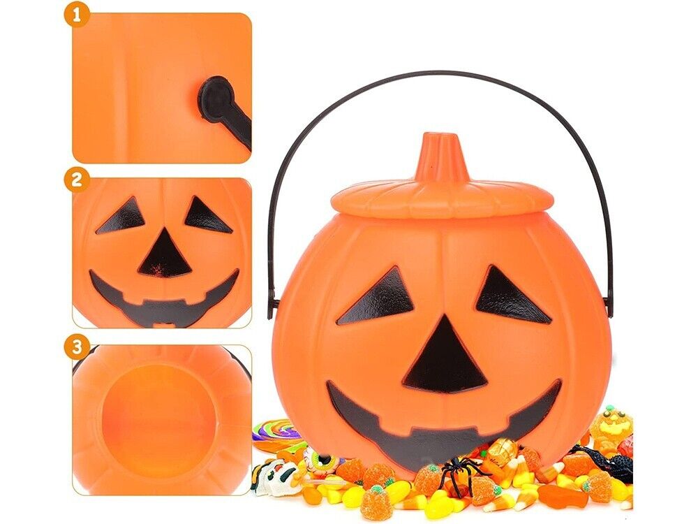 2x Halloween Eimer mit Deckel, Henkel Kürbis Deko Süßes Süßigkeit Sammeln Kinder - Easy2sell - Deluxe