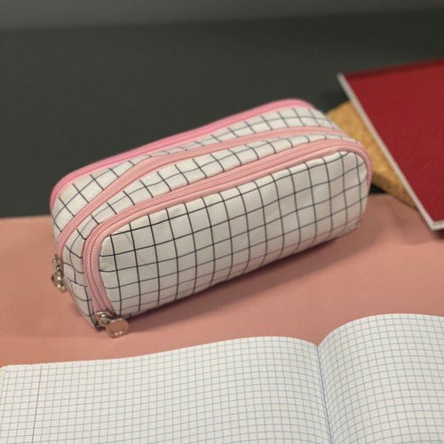 3 - Fächer Federmäppchen erweiterbar für Schule und Büro – kariert - Easy2sell - Deluxe