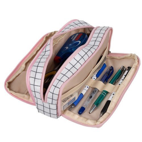 3 - Fächer Federmäppchen erweiterbar für Schule und Büro – kariert - Easy2sell - Deluxe