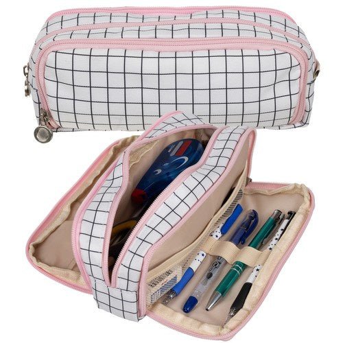 3 - Fächer Federmäppchen erweiterbar für Schule und Büro – kariert - Easy2sell - Deluxe