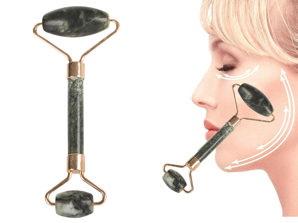 Jade Roller Gesichtsmassagegerät für Gesicht und Hals aus Jadestein grün Set