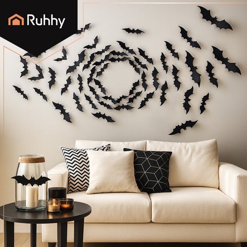 3D Fledermaus Aufkleber Halloween Wanddeko Schwarz PVC Set 56 Stück - Easy2sell - Deluxe