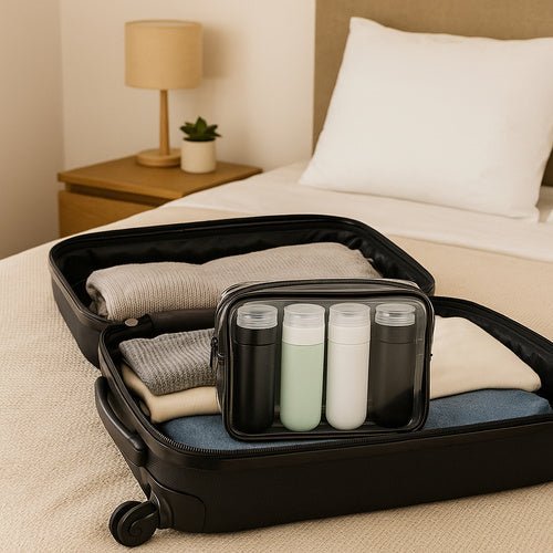 4 Reise - Kosmetikflaschen mit Kosmetiktasche, wasserdicht, schwarz - transparent - Easy2sell - Deluxe