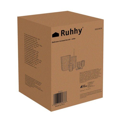 6 - teiliges Badezimmerzubehör - Set mit Bambusdetails - weiß - Easy2sell - Deluxe