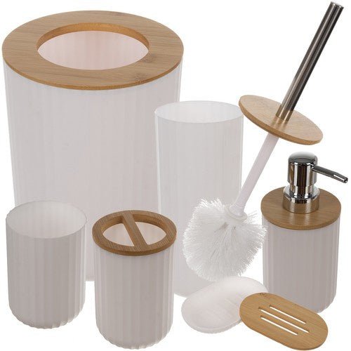 6 - teiliges Badezimmerzubehör - Set mit Bambusdetails - weiß - Easy2sell - Deluxe