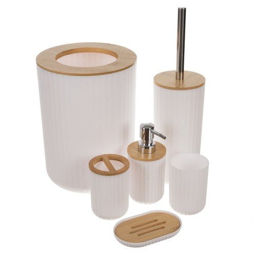 6 - teiliges Badezimmerzubehör - Set mit Bambusdetails - weiß - Easy2sell - Deluxe