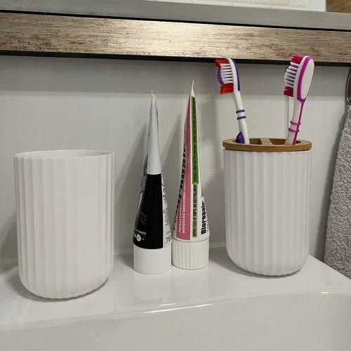 6 - teiliges Badezimmerzubehör - Set mit Bambusdetails - weiß - Easy2sell - Deluxe
