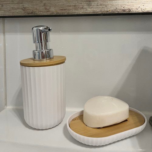 6 - teiliges Badezimmerzubehör - Set mit Bambusdetails - weiß - Easy2sell - Deluxe