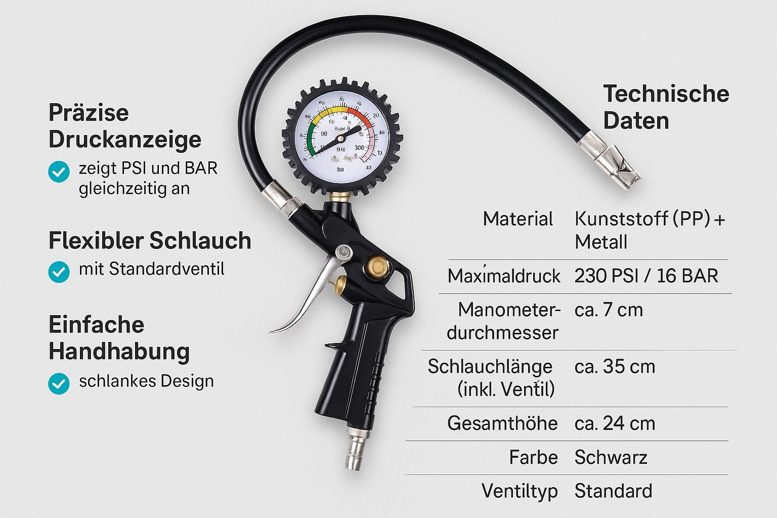 Druckluft Reifenfüller Druck Reifenfüllpistole Manometer Luftdruckprüfer 16Bar - Easy2sell - Deluxe