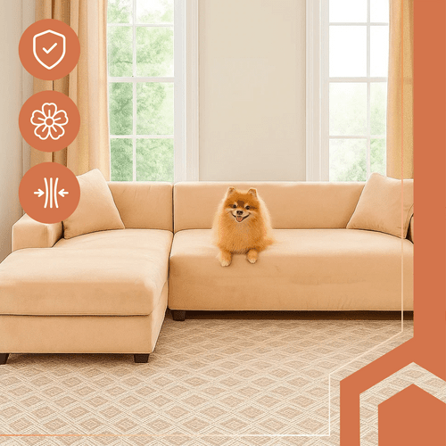 Ecksofa Bezug Samt Elastisch – Sofabezug Beige 190 - 230 cm inkl. Kissenbezug - Easy2sell - Deluxe