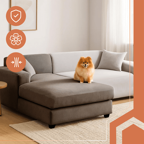 Ecksofa Bezug Samt Elastisch – Sofabezug Hellgrau 145 - 185 cm mit Kissen - Easy2sell - Deluxe