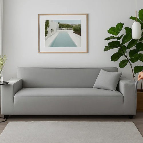 Ecksofabezug Samt Elastisch Hellgrau – Sofabezug 190 - 230 cm mit Kissenhülle - Easy2sell - Deluxe